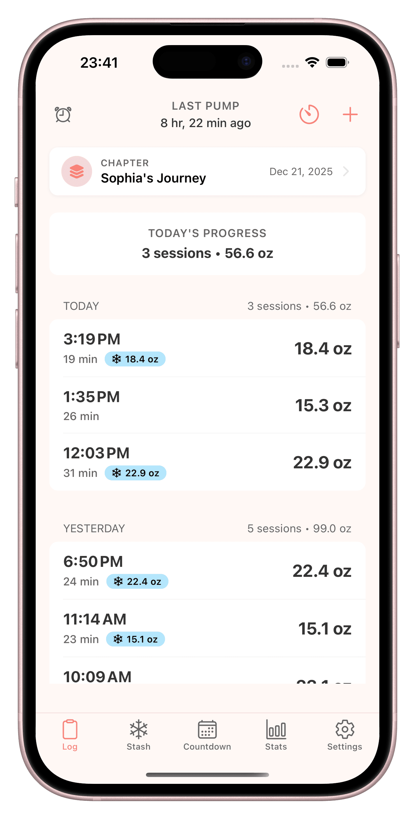 Stash pumping tracker app home screen